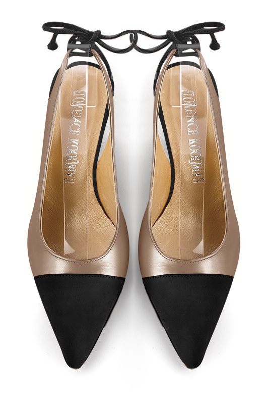 Matt black and tan beige women's slingback shoes. Pointed toe. Medium spool heels. Top view - Florence KOOIJMAN